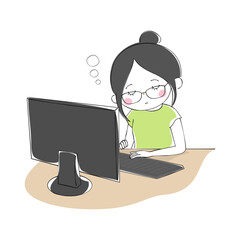 パソコンで作業しながらうとうと居眠りをするメガネをかけた女性
