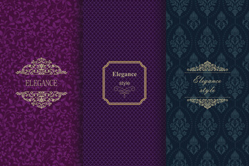 Set of Vintage seamless damask pattern. Collection of design elements, labels, icon, frames for packaging, design of luxury product. Template greeting card, invitation and advertising banner, brochure