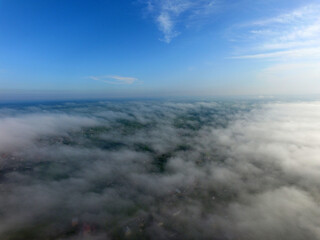 Aerial view of the morning fog (drone image). Near Kiev