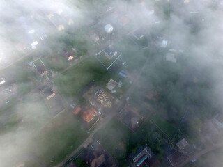 Aerial view of the morning fog (drone image). Near Kiev