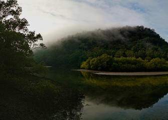 Early morning foggy view of Cowan creek, Bobbin Head, Ku-ring-gai Chase National Park, New South Wales, Australia