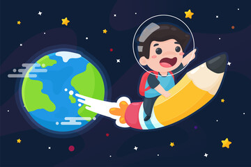 The boy rode in a wooden pencil instead of a rocket to fly out of the world. Science learning concept.