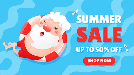 Vector cartoon Santa Claus relaxes while lying on the sea in summer. Concept of promotion in the summer.
