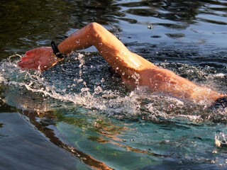 Swim training in pool. Man swimming front crawl