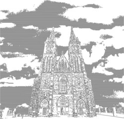 Vector illustration of lines in the engraving style with the cathedral on sky background.