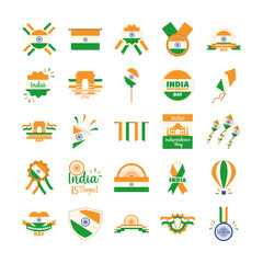 happy independence day india, freeedom celebration national icons set flat style
