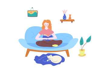 Girl reading book on sofa with a cat laying on the carpet. Home activities vector illustration isolated on white background. Enjoy happy cozy lifestyle concept. Recreating inside the house.