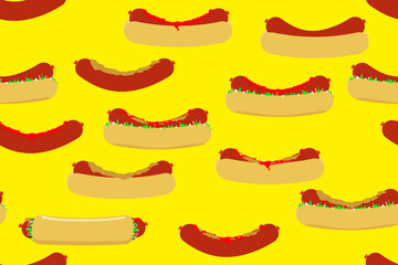 Seamless pattern in yellow with hot dogs. For printing on fabric, packaging or as a backing on a street food web site