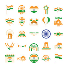 happy independence day india, freeedom celebration national icons set flat style