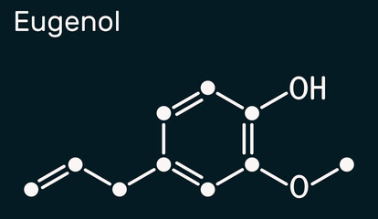 Eugenol, clove essential oil molecule. Is used as flavoring for foods and teas and as herbal oil  to treat toothache. Skeletal chemical formula on the dark blue background