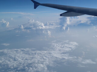 Fototapeta premium Aerial panoramic view of airplane wing and cloud