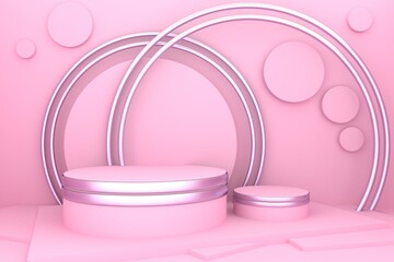 Luxury shiny pink pastel podium stage layout for cosmetic product advertising banner and background