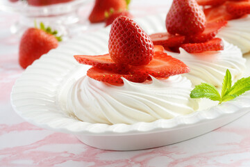 closeup strawberry meringue dessert on a platter