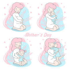 Set with young mother. Pregnancy, newborn and todler. Cute woman with children. Colorful vector illustrations on a white background. Mother's day.