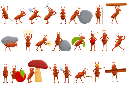 Ant icons set. Cartoon set of ant vector icons for web design