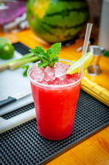 Preparation of cocktail. Adding ice, shaking ingredients and decorating with mint