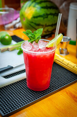 Preparation of cocktail. Adding ice, shaking ingredients and decorating with mint