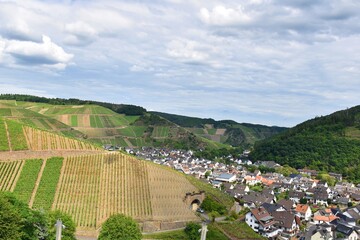 Scenic wine country landscape with village in Ahr valley, Germany