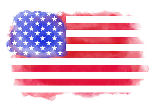 Red watercolor splash with stars and stripes from the American USA flag isolated on white background. Computer generated watercolor image.