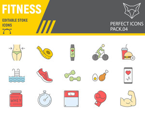 Fitness color line icon set, sport symbols collection, vector sketches, logo illustrations, gym icons, fitness signs colorful linear pictograms, editable stroke.