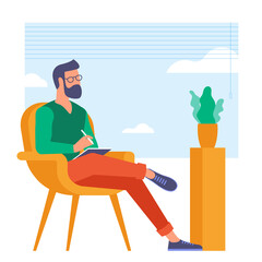 The best place for remote work. Young man is working outsourced. lat design vector illustration, ready to animation vector concept for web site, presentation, mobile app.