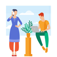 The best place for remote work. Young man and woman is working outsourced. lat design vector illustration, ready to animation vector concept for web site, presentation, mobile app.