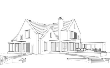 3d rendering of modern cozy clinker house on the ponds with garage and pool for sale or rent. Black line sketch with soft light shadows on white background © korisbo