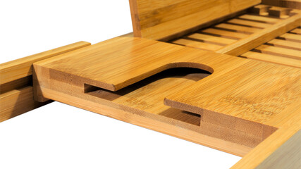 Close up extendable bamboo wooden bathroom tray of wine glass holder isolated on white background