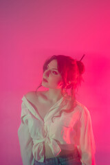 Double exposure portrait two young beautiful caucasian woman studio shot on colorful background - attitude, beauty, hairstyle concept