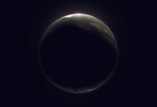 Sunrise under small planet, view from dark side, 3d render.