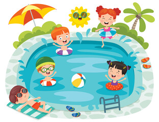 Obraz na płótnie Canvas Funny Children And Swimming Pool