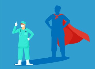 Medic is superhero. Doctor in green surgical clothing casts shadow of hero red cloak concept hard and heroic struggle with coronovirus specialists complex vector diseases.