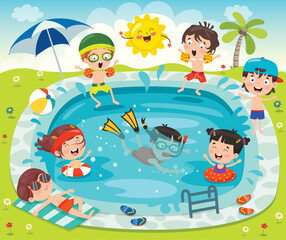 Obraz na płótnie Canvas Funny Children And Swimming Pool