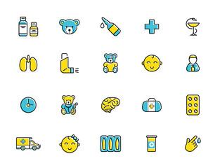 Fototapeta premium Outline colorful icons set. Pediatric hospital clinic and medical care. Editable stroke. Vector.