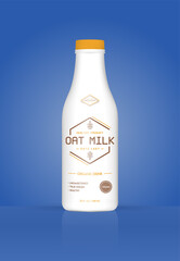 Oat Milk Oatmeal Bottle with Colorful Background. Healthy Organic Product. Vector Illustration. Advertising Template. Print.