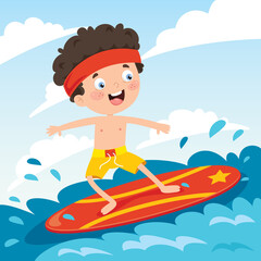 Happy Cartoon Character Surfing At Sea