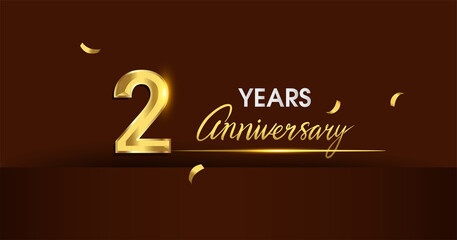 2nd years anniversary celebration logotype. anniversary logo with golden color and gold confetti isolated on dark background, vector design for celebration, invitation card, and greeting card