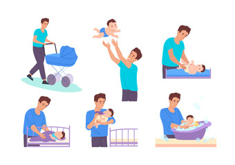 Dad on maternity leave. Dad takes care of newborn son:he walks with a stroller, throws the baby into the air,changes the diaper,bathes in the bath,feeds him from the bottle and puts him to bed. Vector