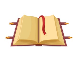 Ancient magic book open. Mystical medieval empty volume with old knowledge arcane magic invisible simple eyes red bookmark protective cartoon clasps information opening vector portals call dragons.