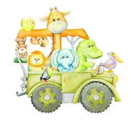  Cute tropical, animal, travel by SUV. Watercolor clip art, in cartoon style. © Natalia