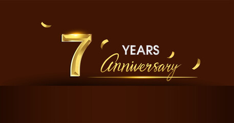 7th years anniversary celebration logotype. anniversary logo with golden color and gold confetti isolated on dark background, vector design for celebration, invitation card, and greeting card
