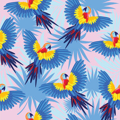 Fototapeta na wymiar Parrots on the background of palm branches and leaves. Tropical seamless pattern. Vector image.