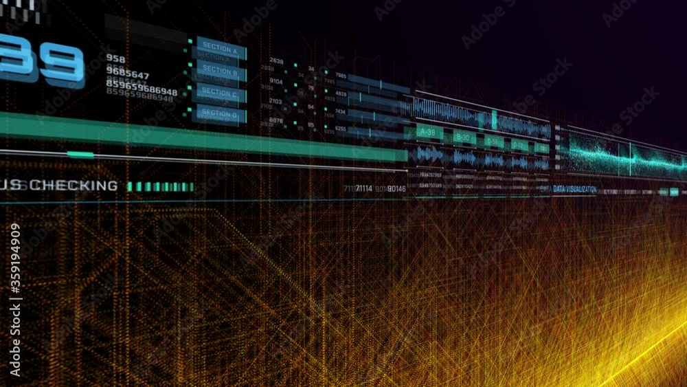 Fototapete Big Data Control Panel Perspective View Futuristic Technological Communication Screen. HUD Interactive  Flow Element Stream Dynamic Connection Line Advance Technology.
