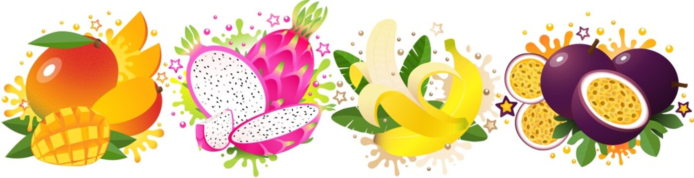 Set of 4 juicy tropical fruits: red mango, dragon fruit, banana, passion fruit. Vector bright exotics.