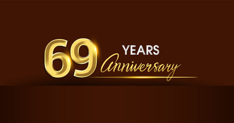 69th years anniversary celebration logotype. anniversary logo with golden color and gold confetti isolated on dark background, vector design for celebration, invitation card, and greeting card