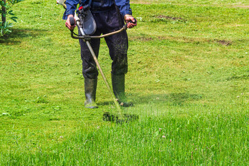 A man mows the grass with a gasoline scythe