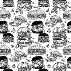 Seamless print of burgers and sandwiches. Print for packaging, fabrics, menus and printing.
