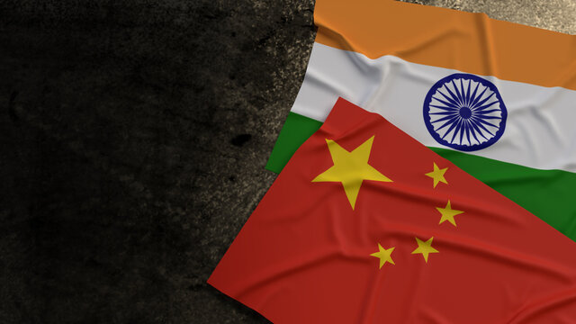  China And India Flags On Rusty Background 3d Rendering For  Border Content..