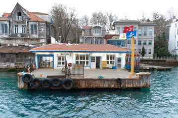 Fototapeta na wymiar Turkey, Istanbul - July 2019 Yenikoy Pier old-style passenger ferry port in istanbul