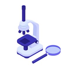 Microscope with magnifying glass isometric. Scientific biological research tool new sensational discoveries search achievements knowledge microworld modern vector development microtechnologies.
